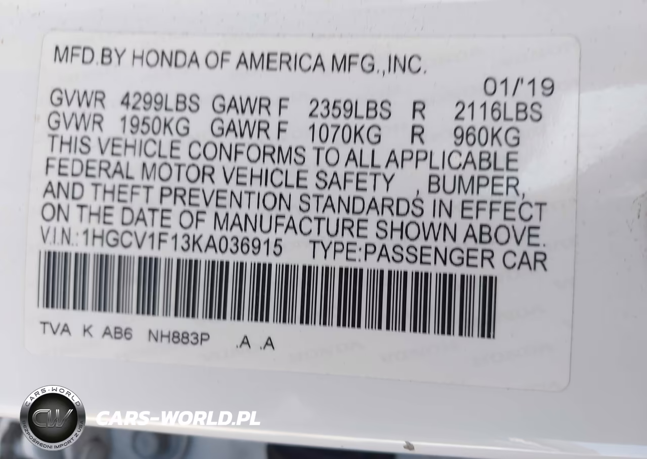 2019 Honda Accord Lx VIN:1HGCV1F13KA036915 - 9