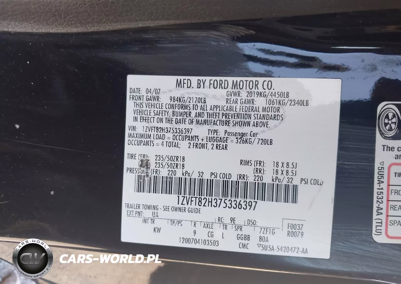 2007 Ford Mustang Gt Deluxe-Gt Premium VIN:1ZVFT82H375336397 - 9