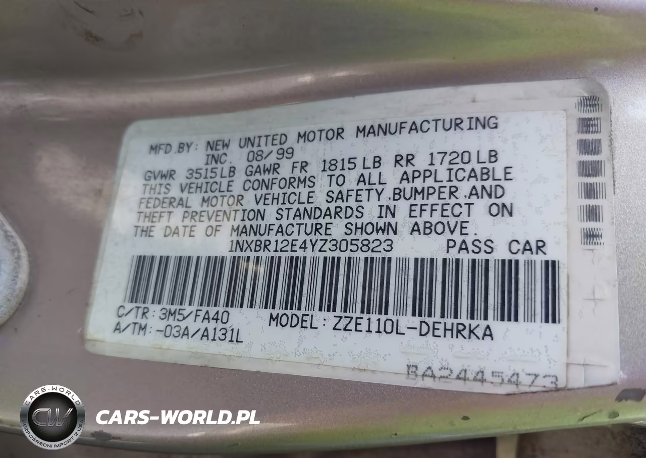 2000 Toyota Corolla Ve VIN:1NXBR12E4YZ305823 - 9