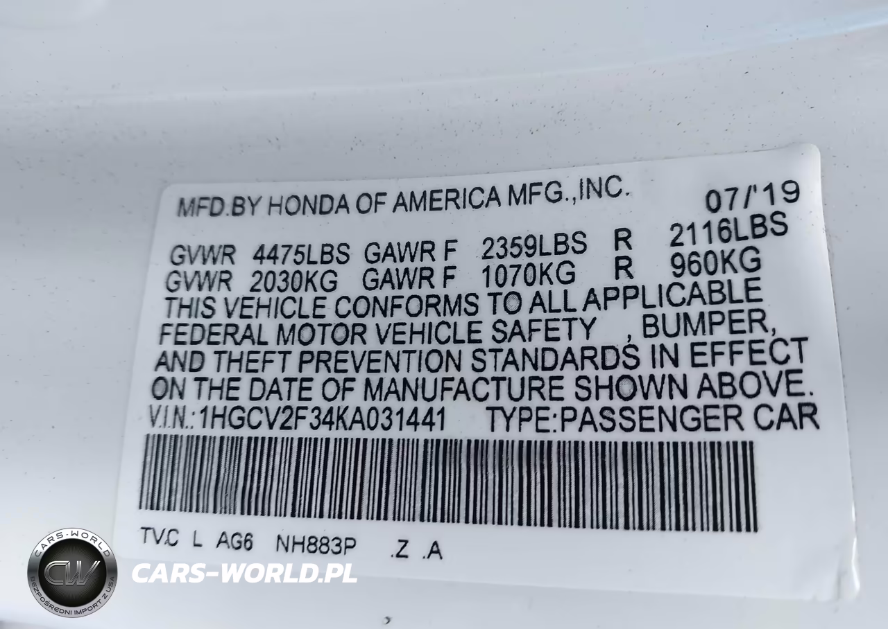 2019 Honda Accord Sport 2.0T VIN:1HGCV2F34KA031441 - 9