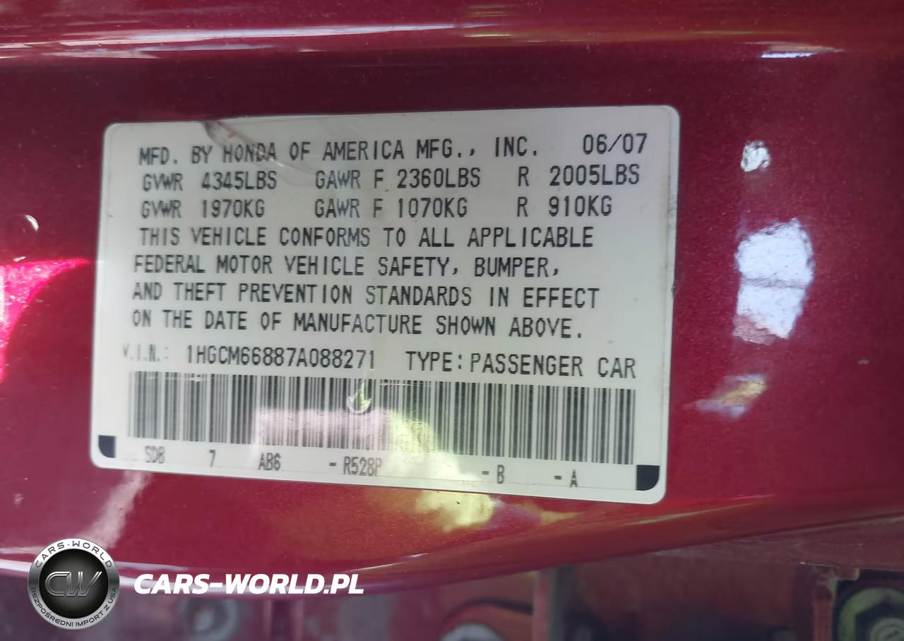 2007 Honda Accord 3.0 Ex VIN:1HGCM66887A088271 - 9