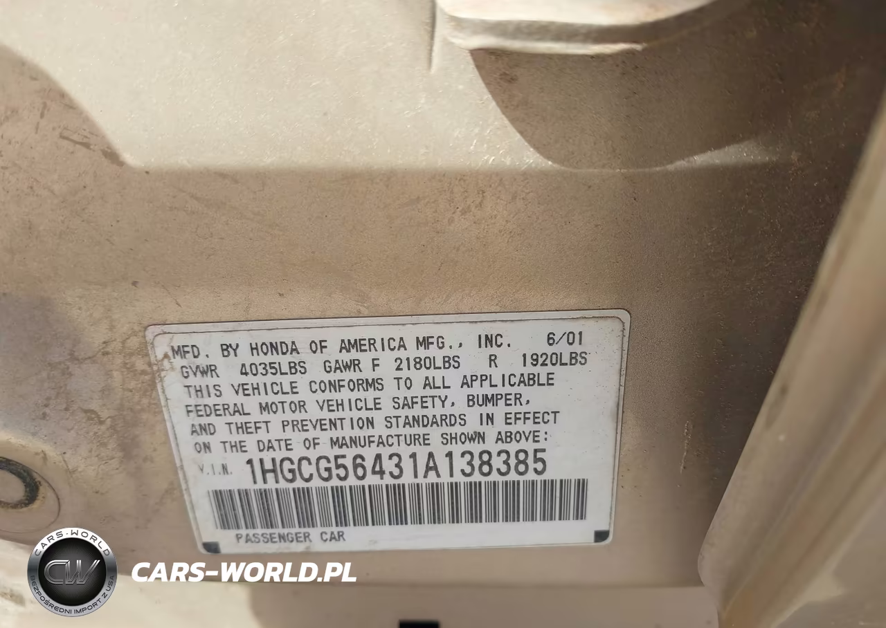 2001 Honda Accord 2.3 Lx VIN:1HGCG56431A138385 - 9
