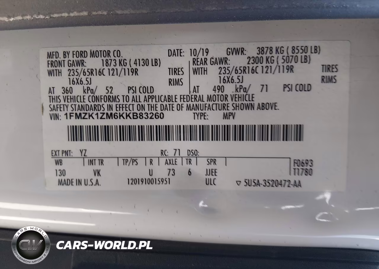 2019 Ford Transit-150 Xl VIN:1FMZK1ZM6KKB83260 - 9