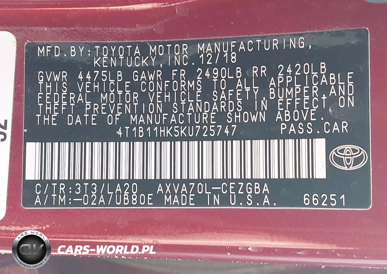 2019 Toyota Camry Xle VIN:4T1B11HK5KU725747 - 9