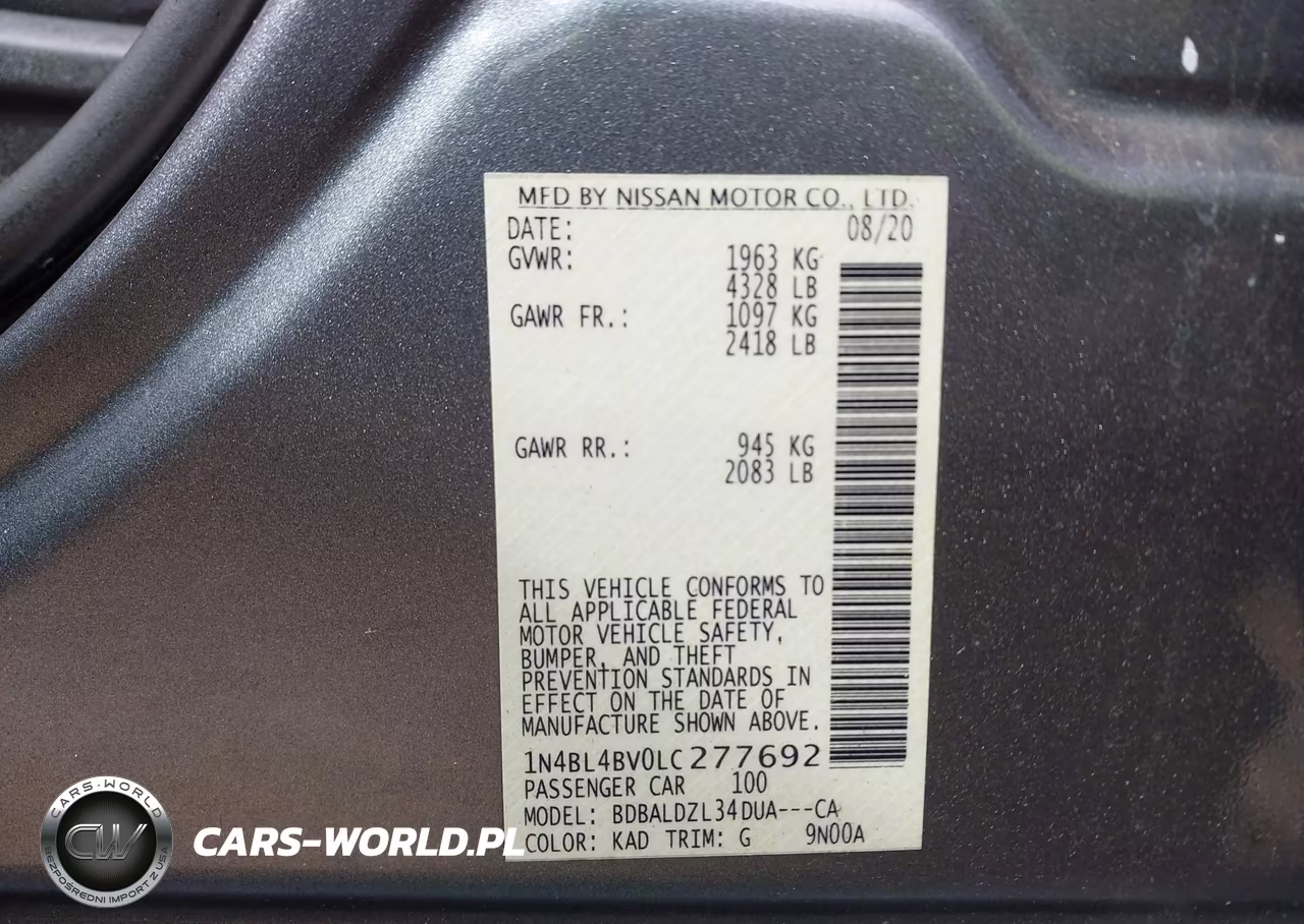 2020 Nissan Altima S Fwd VIN:1N4BL4BV0LC277692 - 9