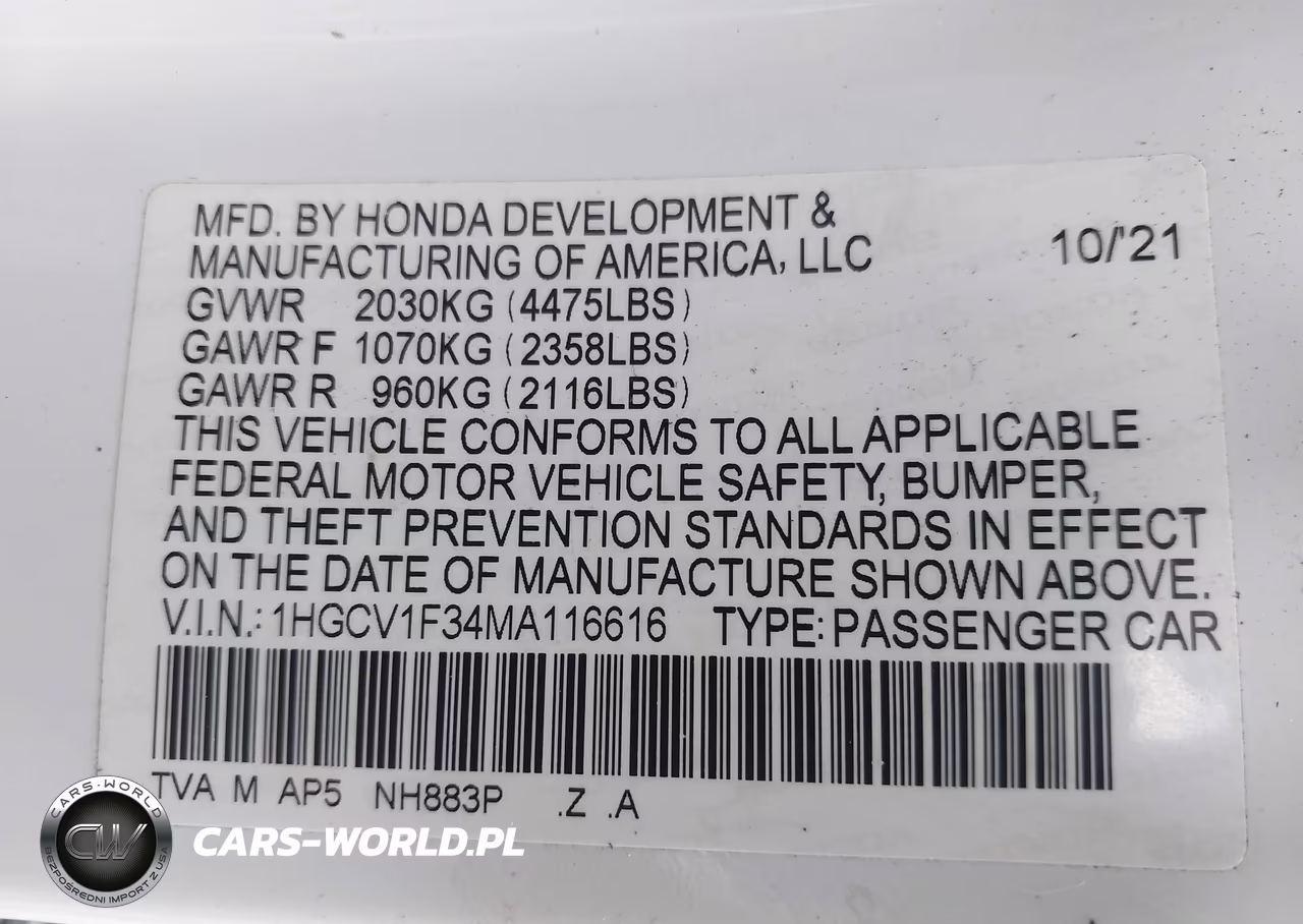 2021 Honda Accord Sport VIN:1HGCV1F34MA116616 - 9