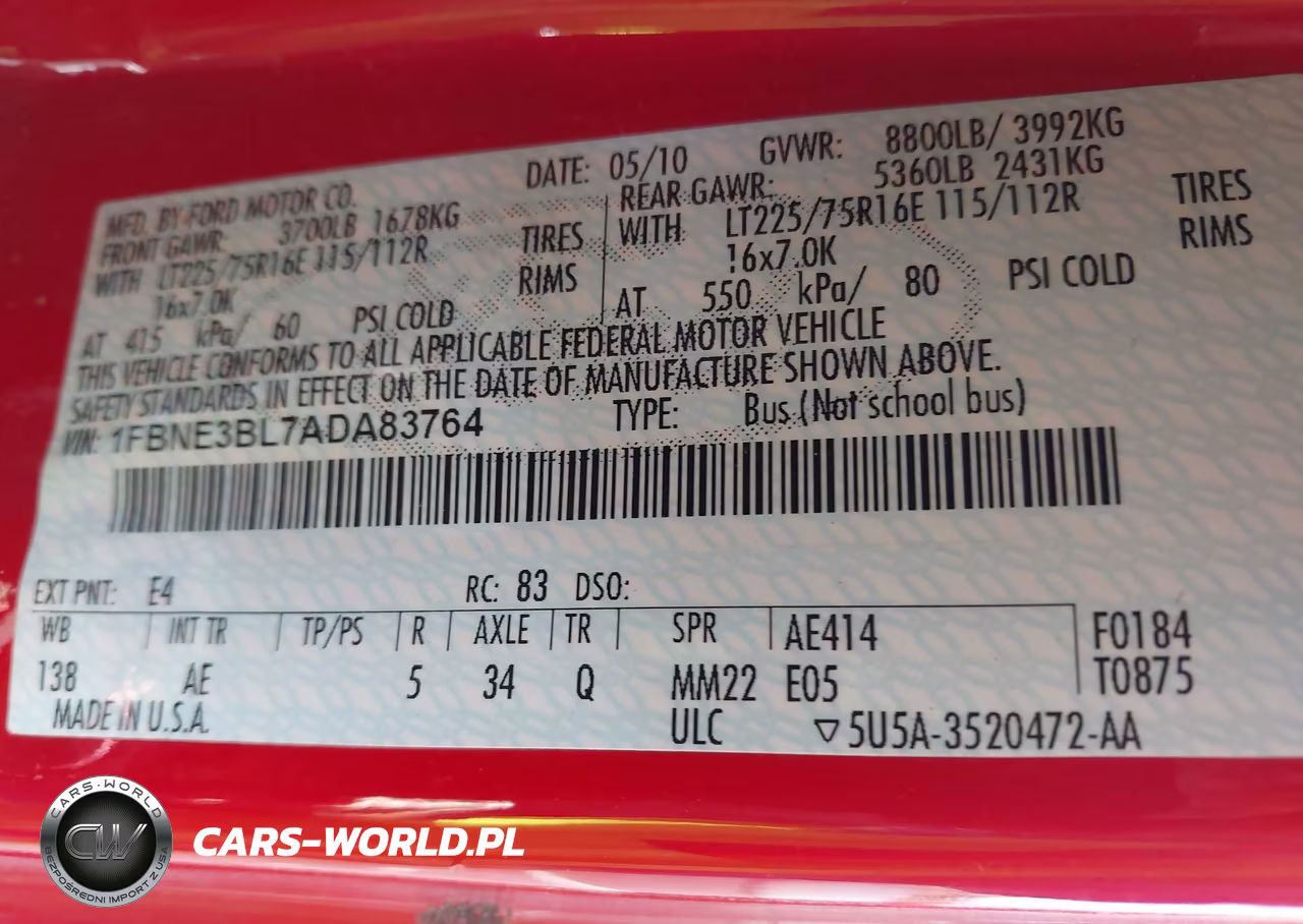 2010 Ford E-350 Super Duty Xl-Xlt VIN:1FBNE3BL7ADA83764 - 9