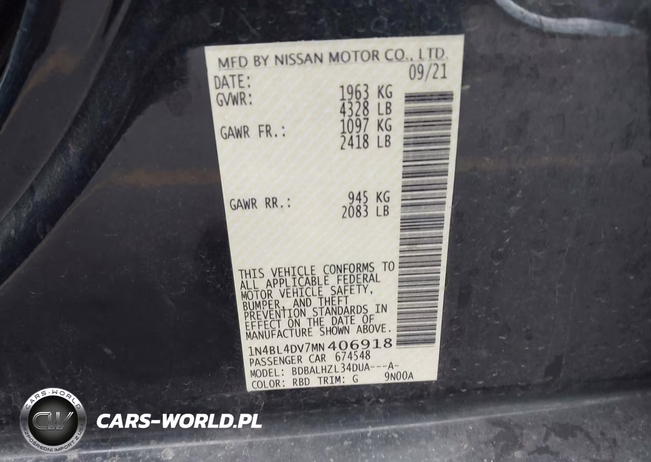 2021 Nissan Altima Sv Fwd VIN:1N4BL4DV7MN406918 - 9