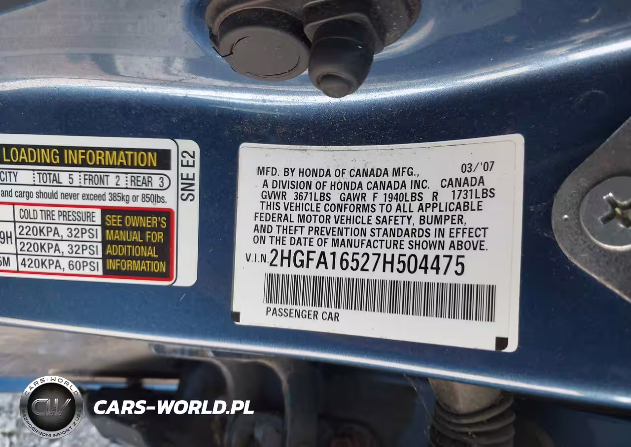 2007 Honda Civic Lx VIN:2HGFA16527H504475 - 9