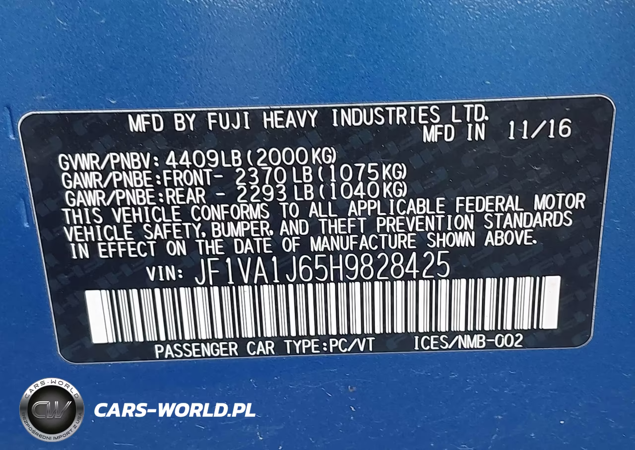 2017 Subaru Wrx Limited VIN:JF1VA1J65H9828425 - 9