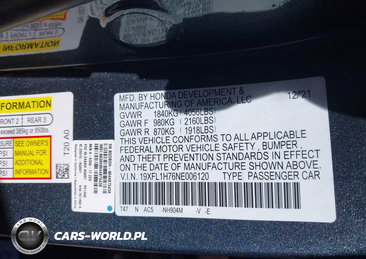 2022 Honda Civic Ex-L VIN:19XFL1H76NE006120 - 9