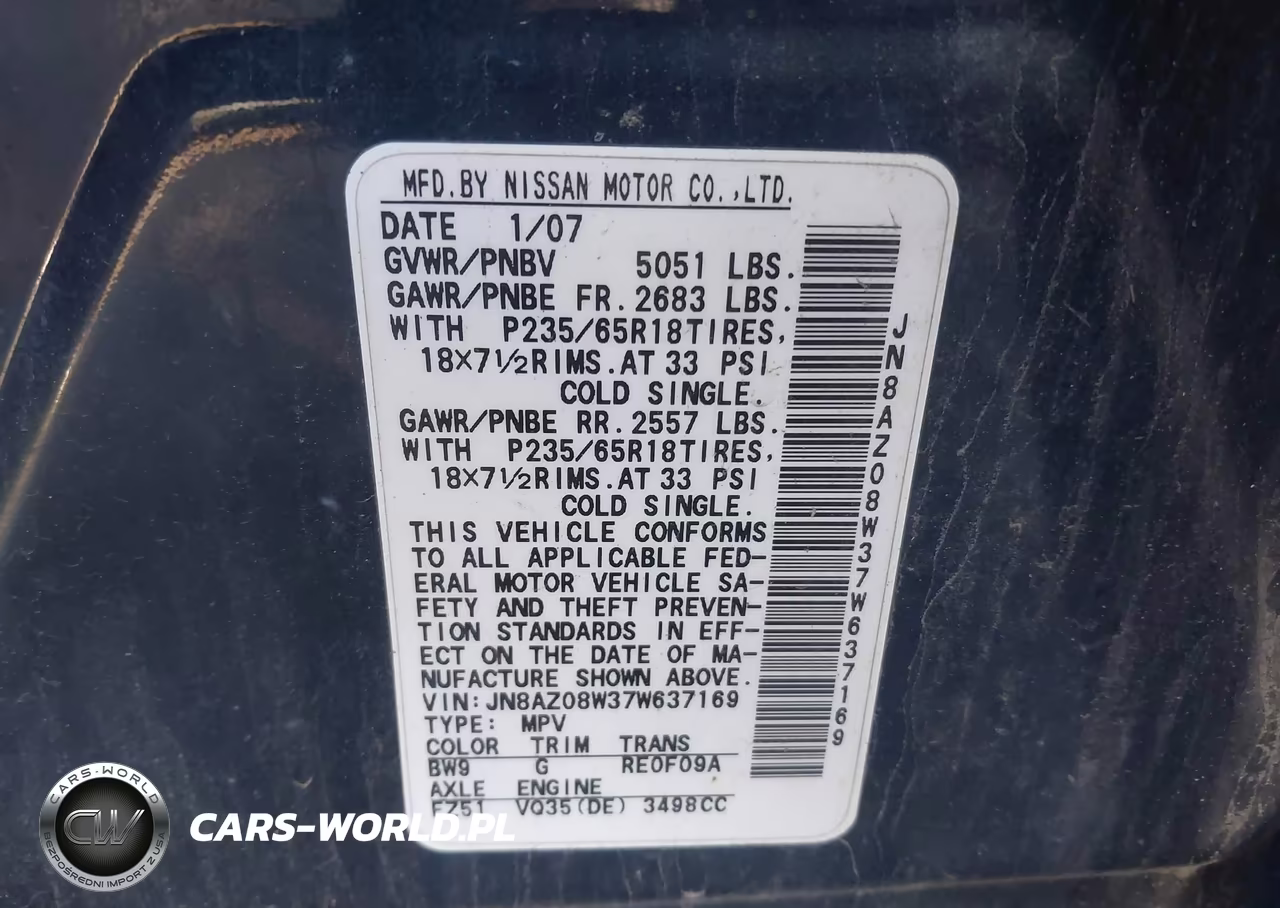 2007 Nissan Murano Sl VIN:JN8AZ08W37W637169 - 9