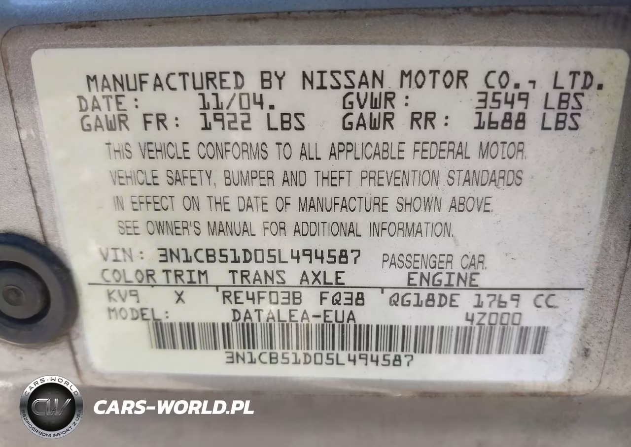 2005 Nissan Sentra 1.8S VIN:3N1CB51D05L494587 - 9