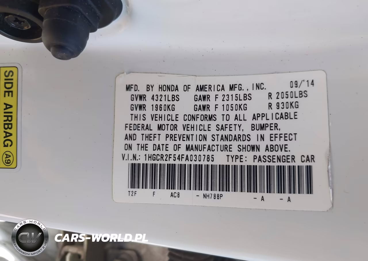 2015 Honda Accord Sport VIN:1HGCR2F54FA030785 - 9