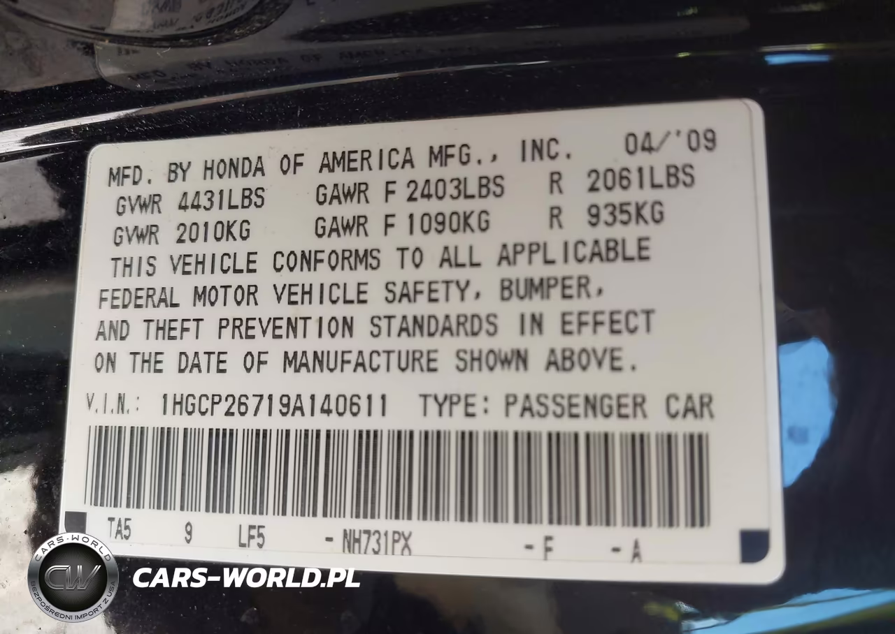 2009 Honda Accord 2.4 Ex VIN:1HGCP26719A140611 - 9