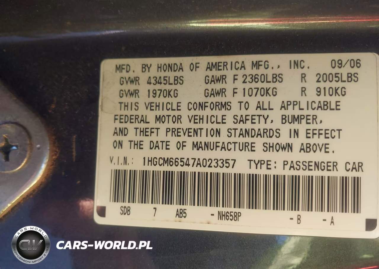 2007 Honda Accord 3.0 Ex VIN:1HGCM66547A023357 - 9