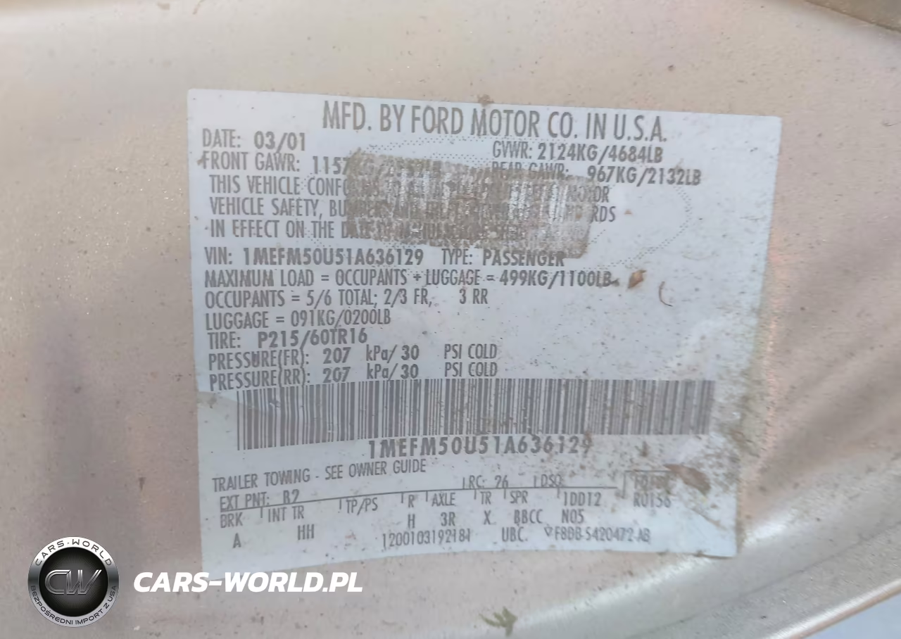 2001 Mercury Sable Gs VIN:1MEFM50U51A636129 - 9