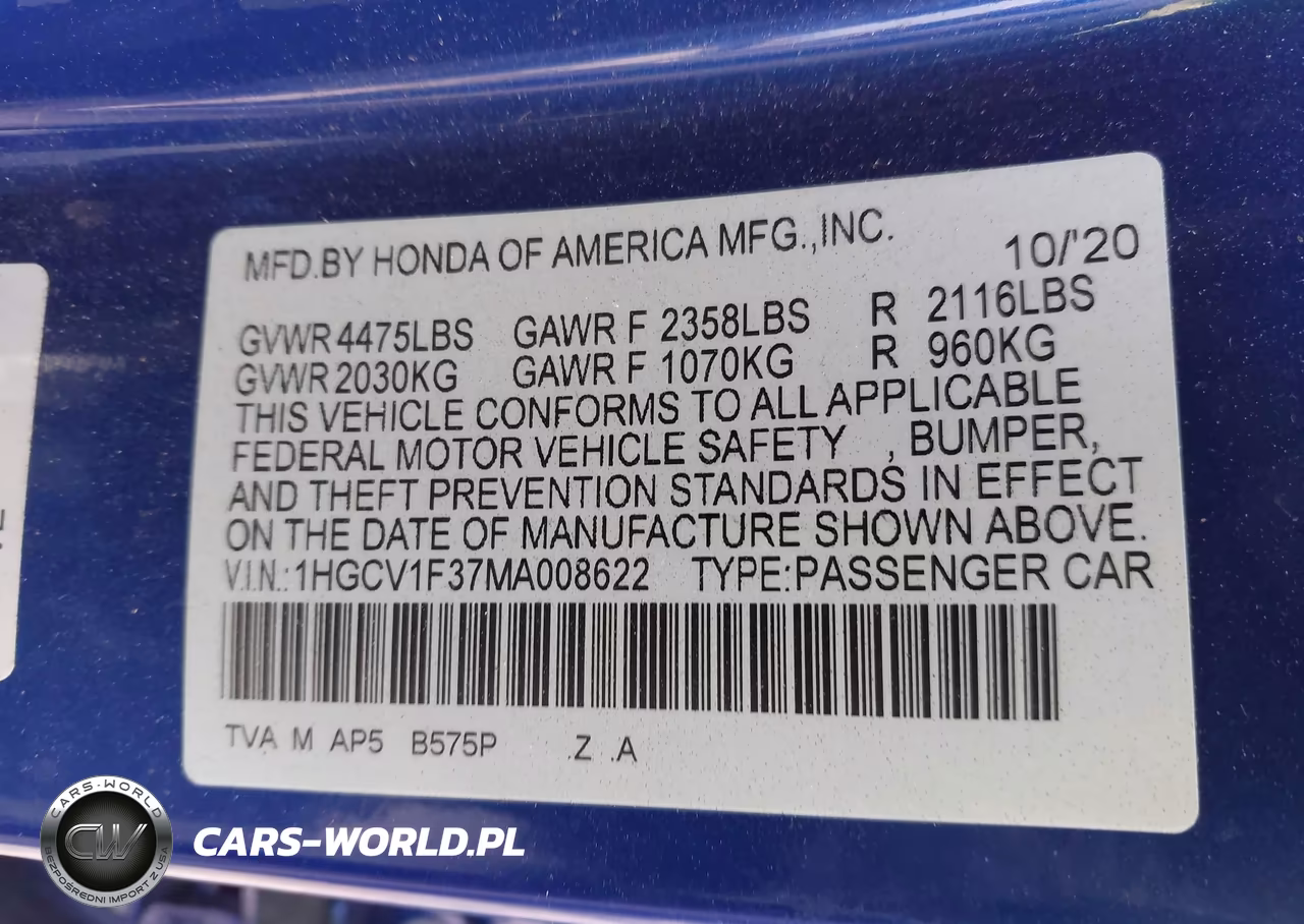 2021 Honda Accord Sport VIN:1HGCV1F37MA008622 - 9