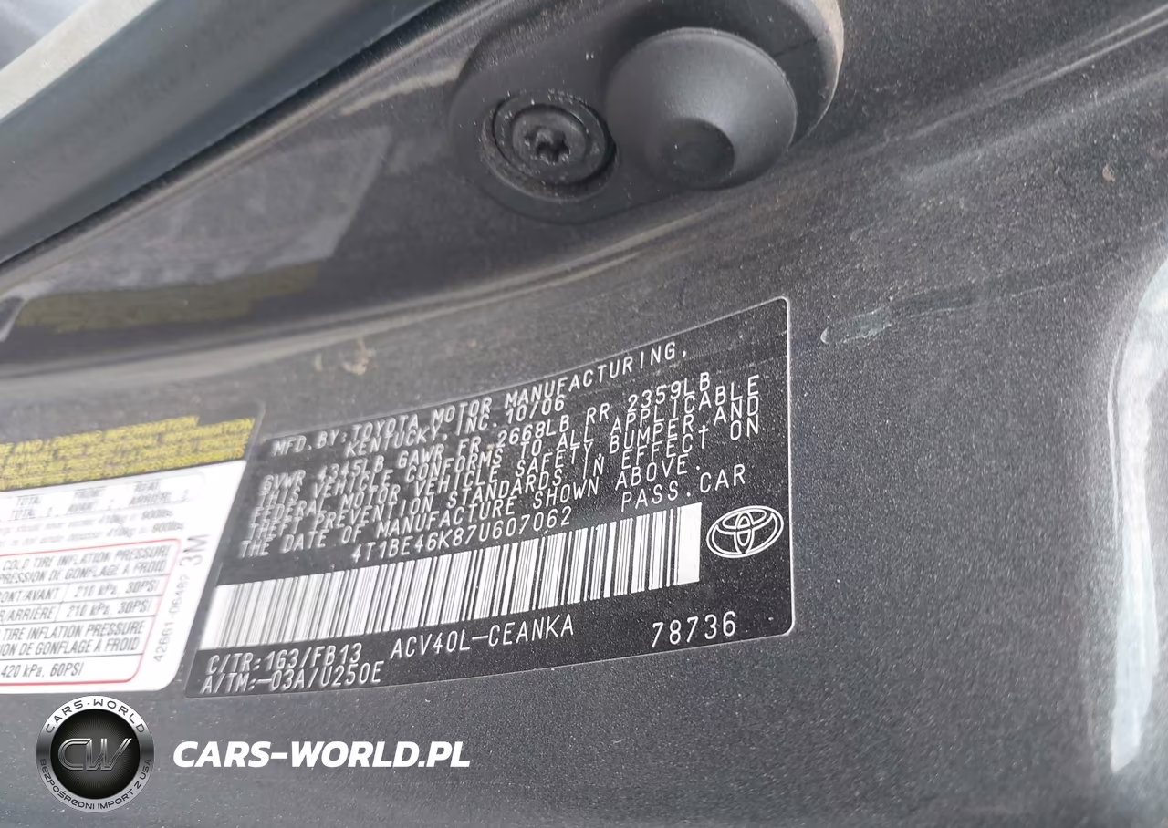 2007 Toyota Camry Le VIN:4T1BE46K87U607062 - 9