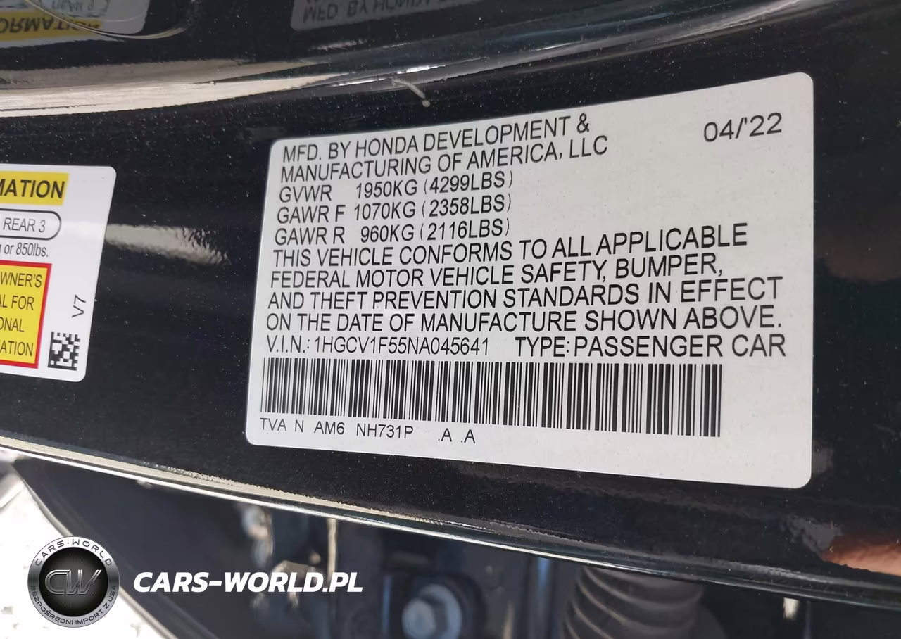 2022 Honda Accord Ex-L VIN:1HGCV1F55NA045641 - 9