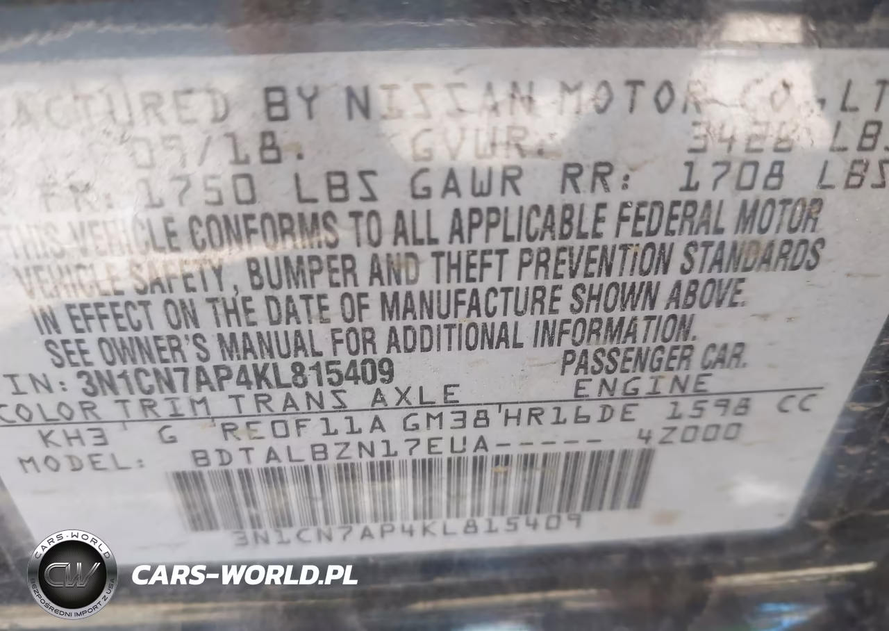 2019 Nissan Versa 1.6 Sv VIN:3N1CN7AP4KL815409 - 9