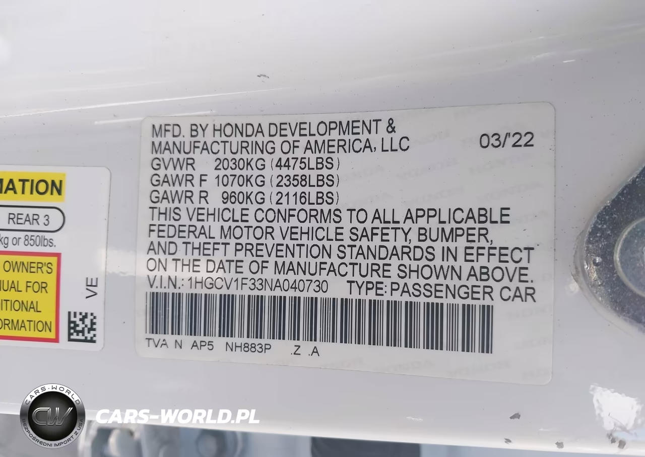 2022 Honda Accord Sport VIN:1HGCV1F33NA040730 - 9
