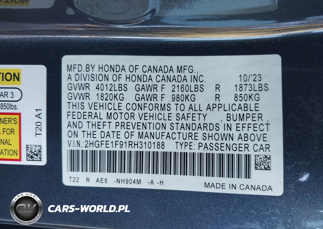 2024 Honda Civic Touring VIN:2HGFE1F91RH310188 - 9
