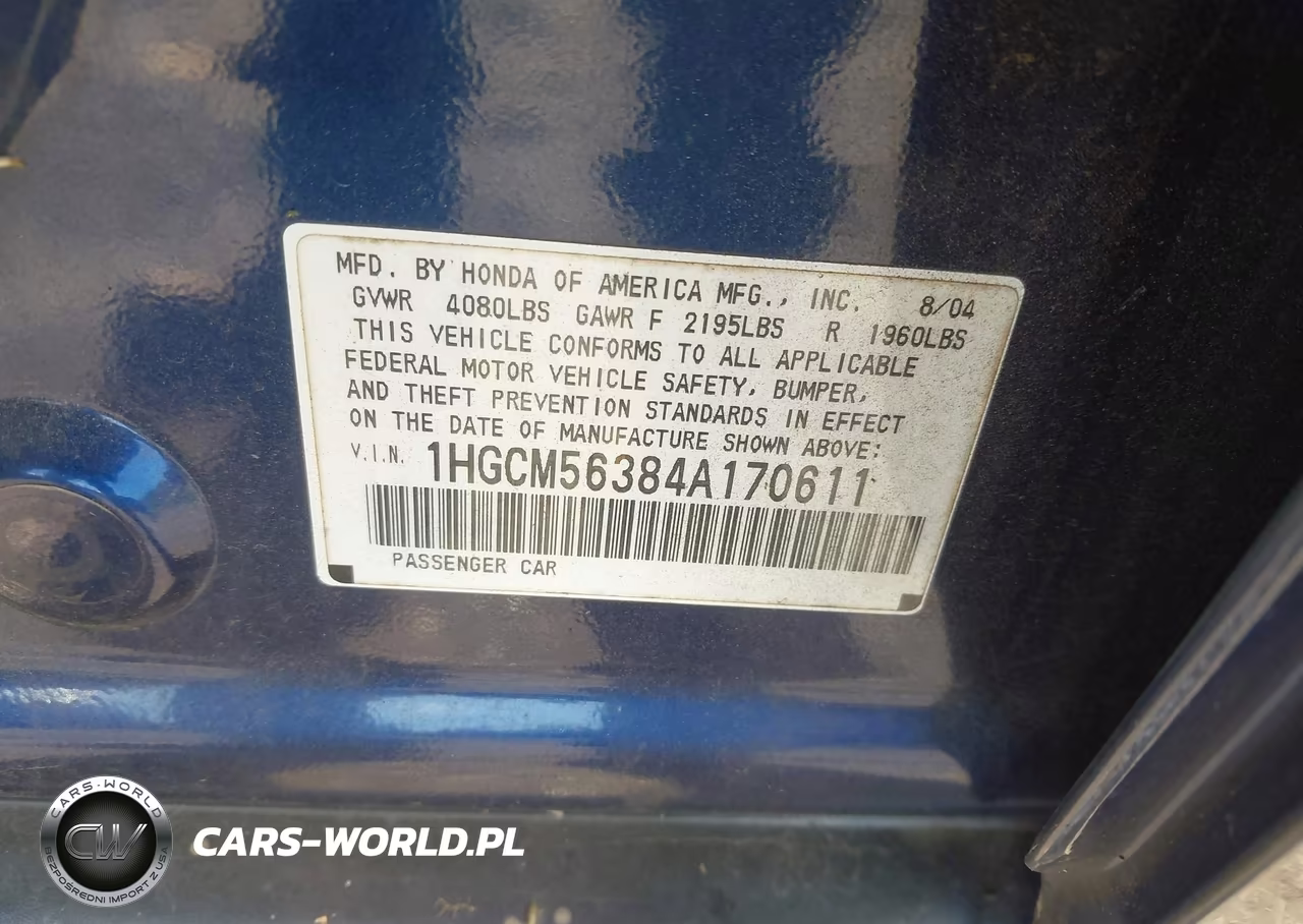2004 Honda Accord 2.4 Lx VIN:1HGCM56384A170611 - 9