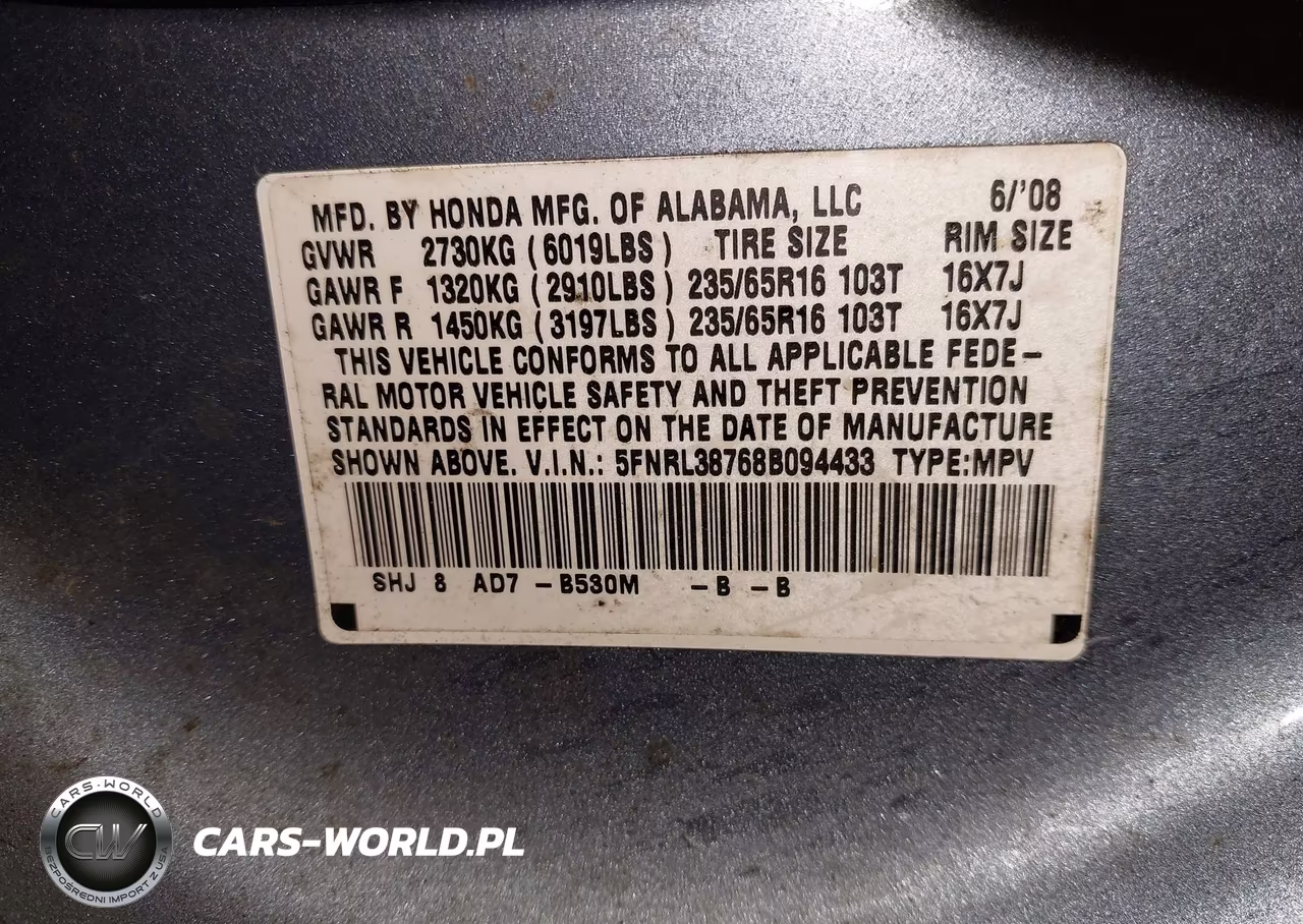 2008 Honda Odyssey Ex-L VIN:5FNRL38768B094433 - 9