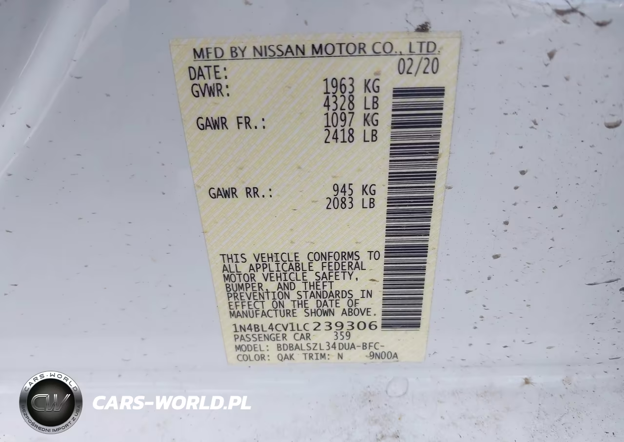 2020 Nissan Altima Sr Fwd VIN:1N4BL4CV1LC239306 - 9