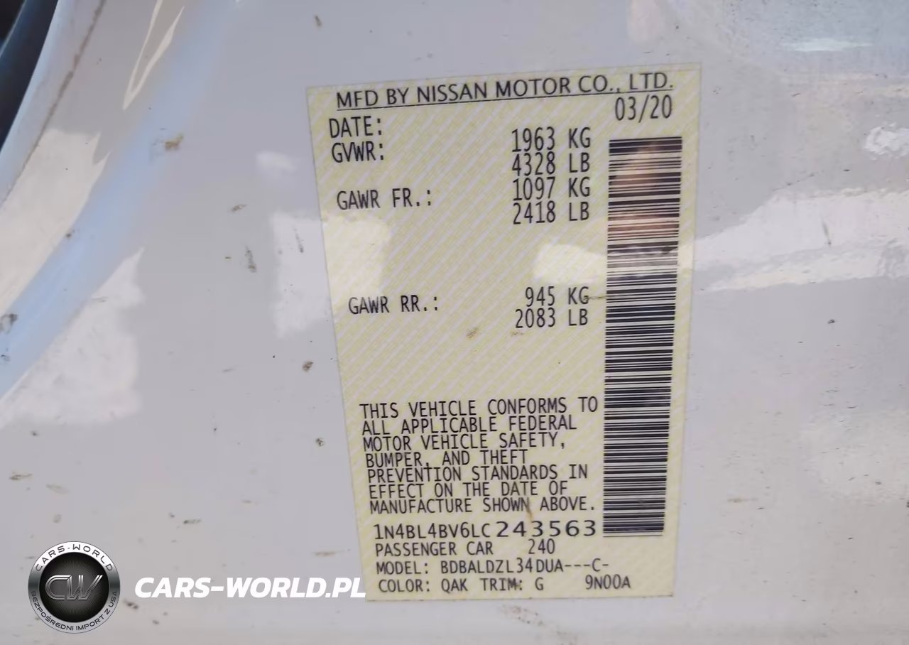 2020 Nissan Altima S Fwd VIN:1N4BL4BV6LC243563 - 9