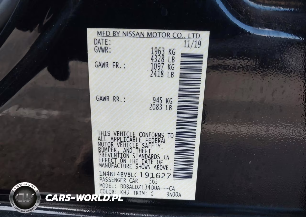 2020 Nissan Altima S Fwd VIN:1N4BL4BV8LC191627 - 9