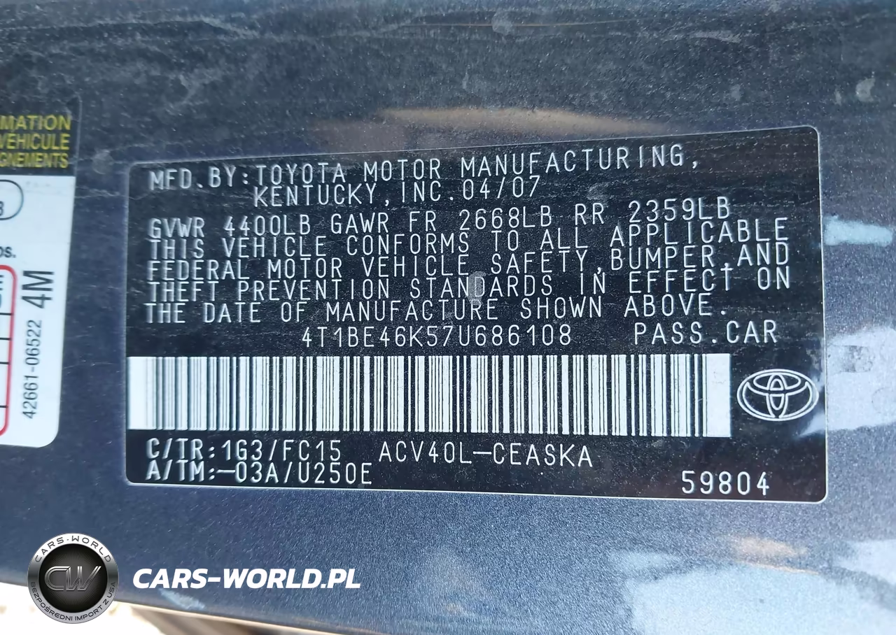 2007 Toyota Camry Se VIN:4T1BE46K57U686108 - 9