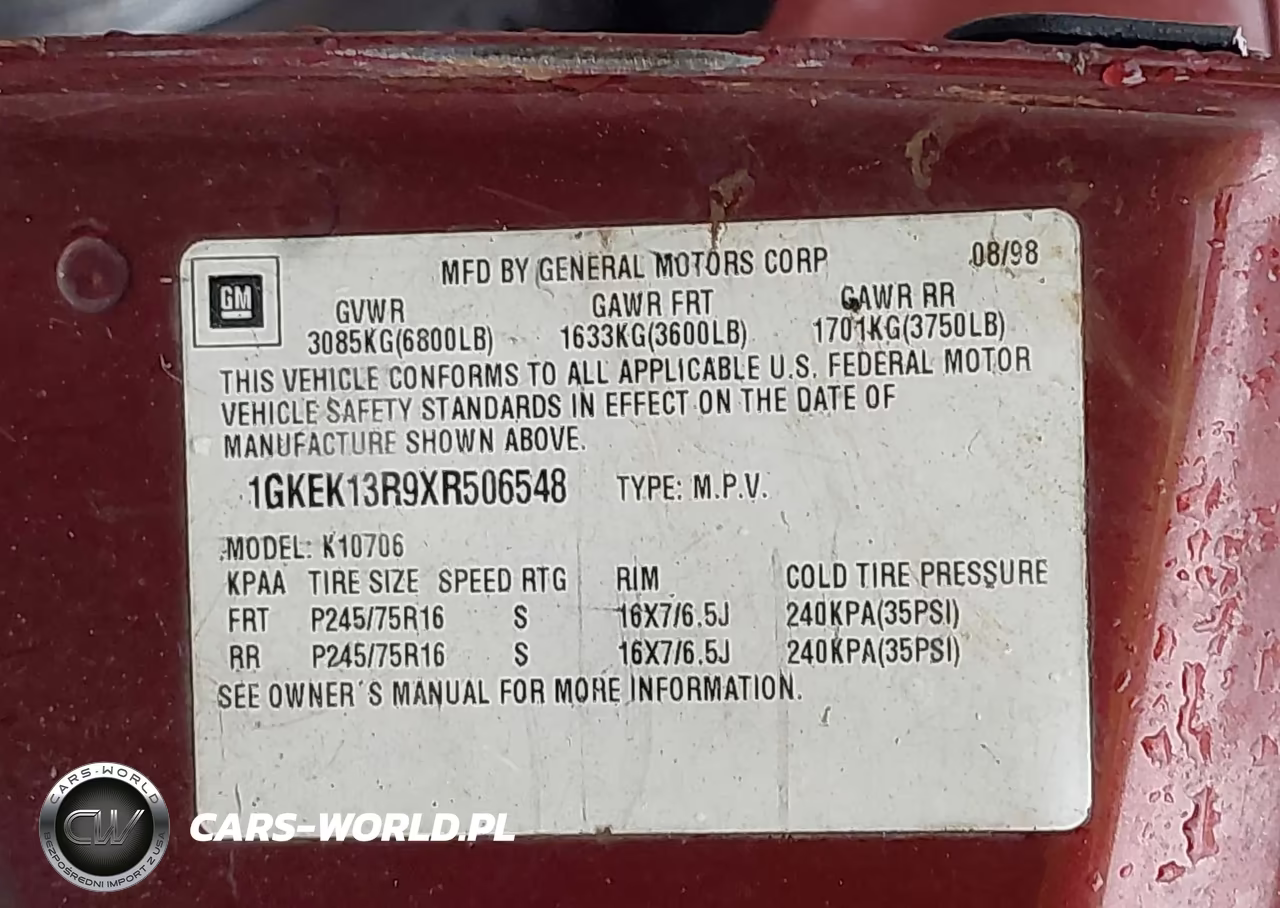 1999 GMC Yukon Slt Cmi VIN:1GKEK13R9XR506548 - 9