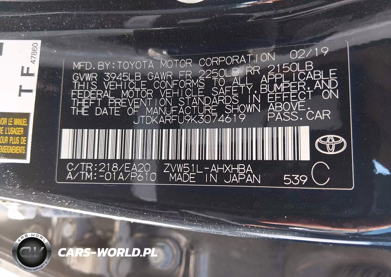 2019 Toyota Prius Xle VIN:JTDKARFU9K3074619 - 9