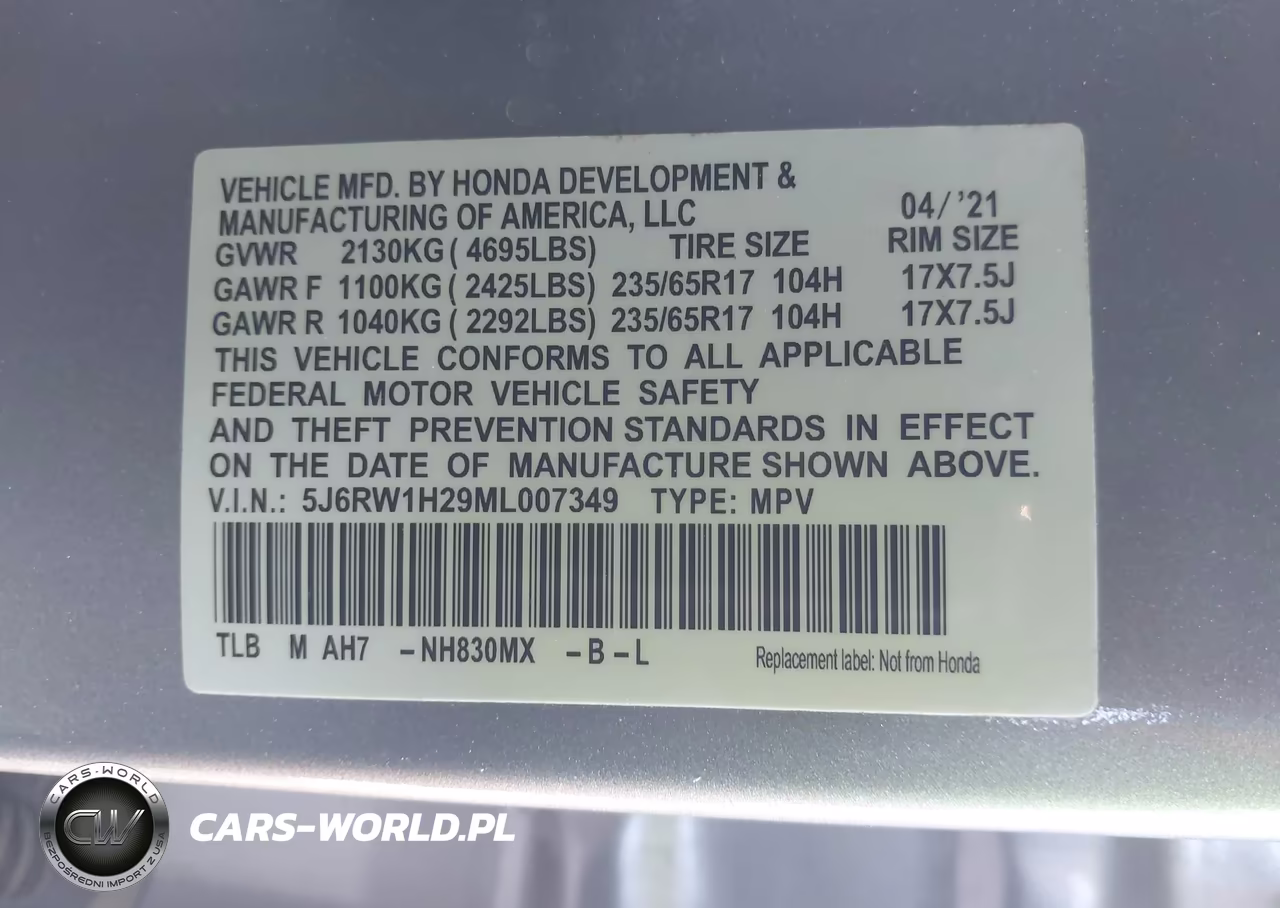 2021 Honda Cr-V 2Wd Lx VIN:5J6RW1H29ML007349 - 9