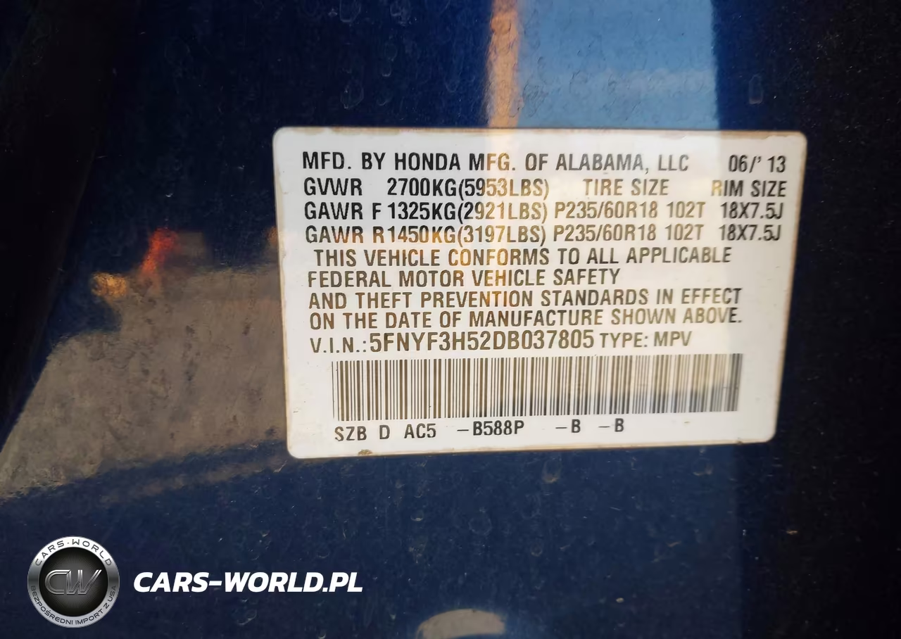 2013 Honda Pilot Ex-L VIN:5FNYF3H52DB037805 - 9
