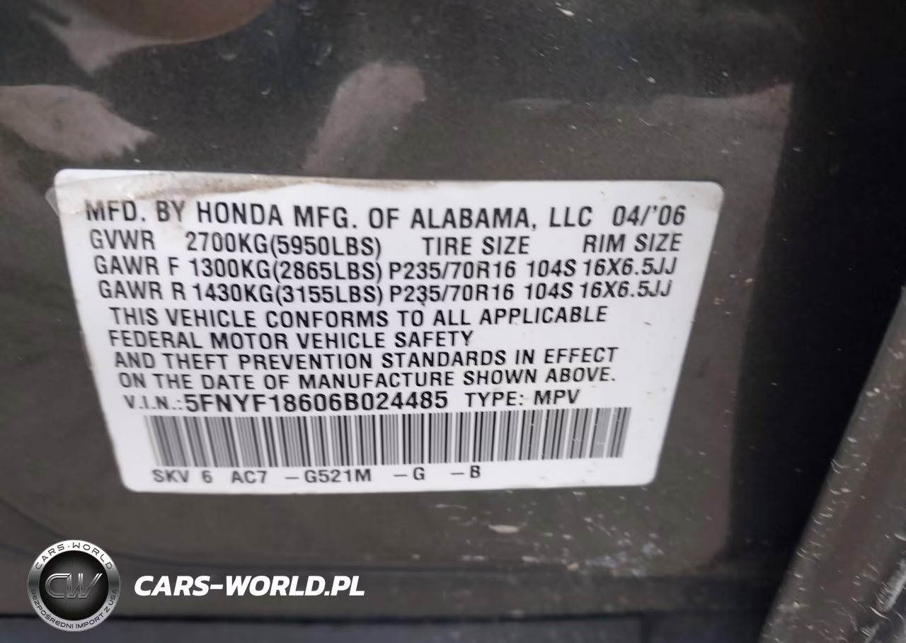 2006 Honda Pilot Ex-L VIN:5FNYF18606B024485 - 9