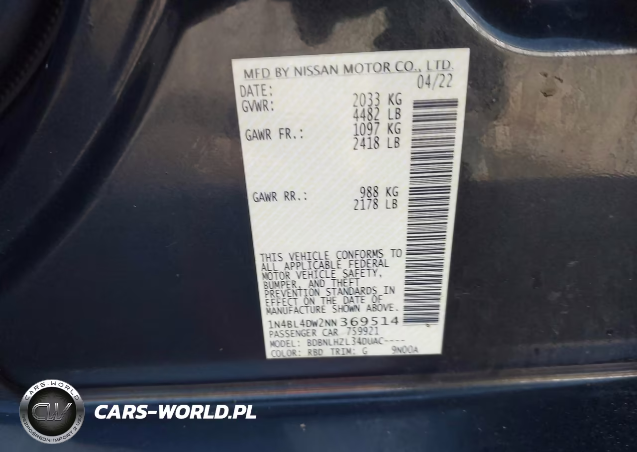 2022 Nissan Altima Sv Intelligent Awd VIN:1N4BL4DW2NN369514 - 9