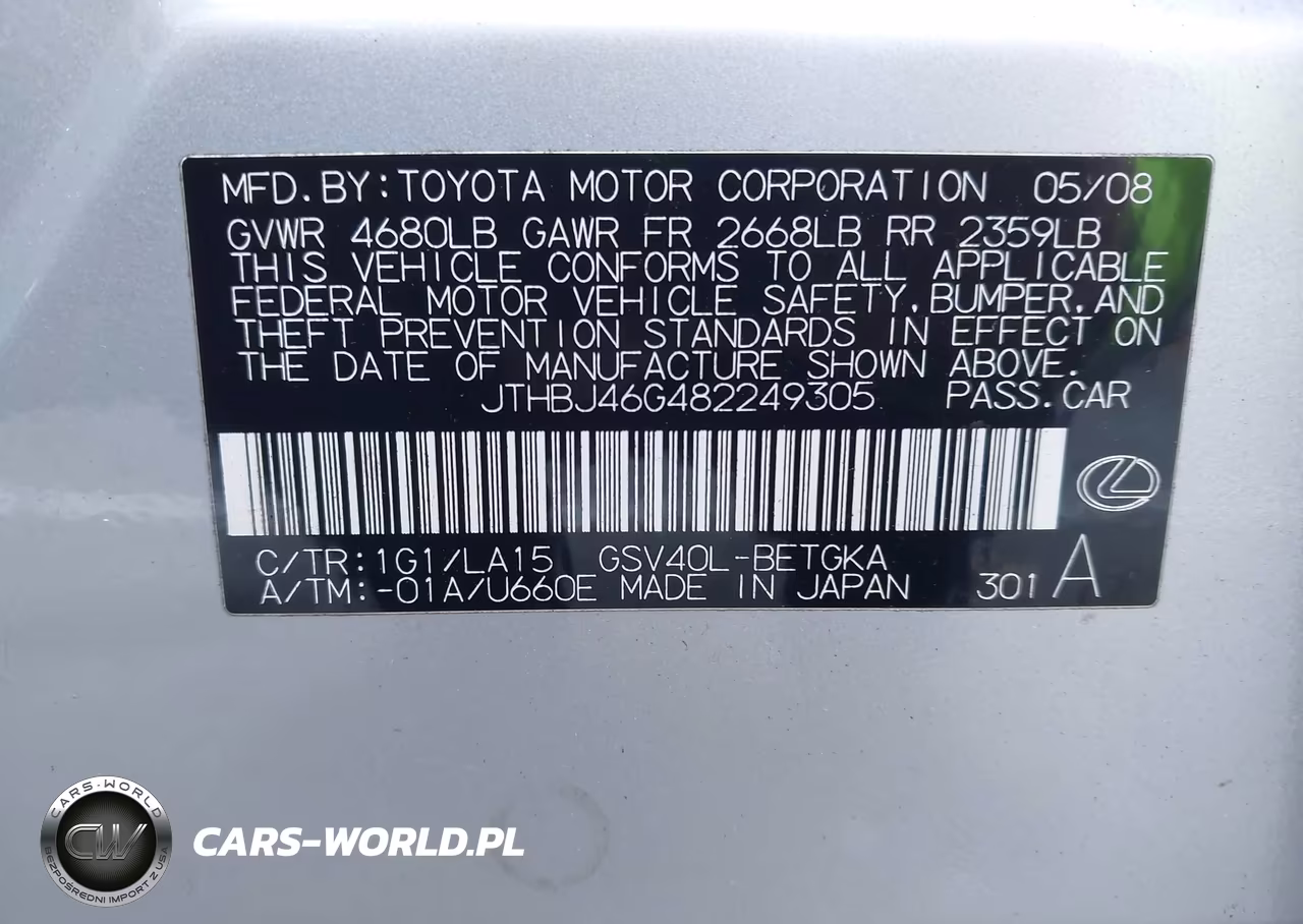 2008 Lexus Es 350 VIN:JTHBJ46G482249305 - 9