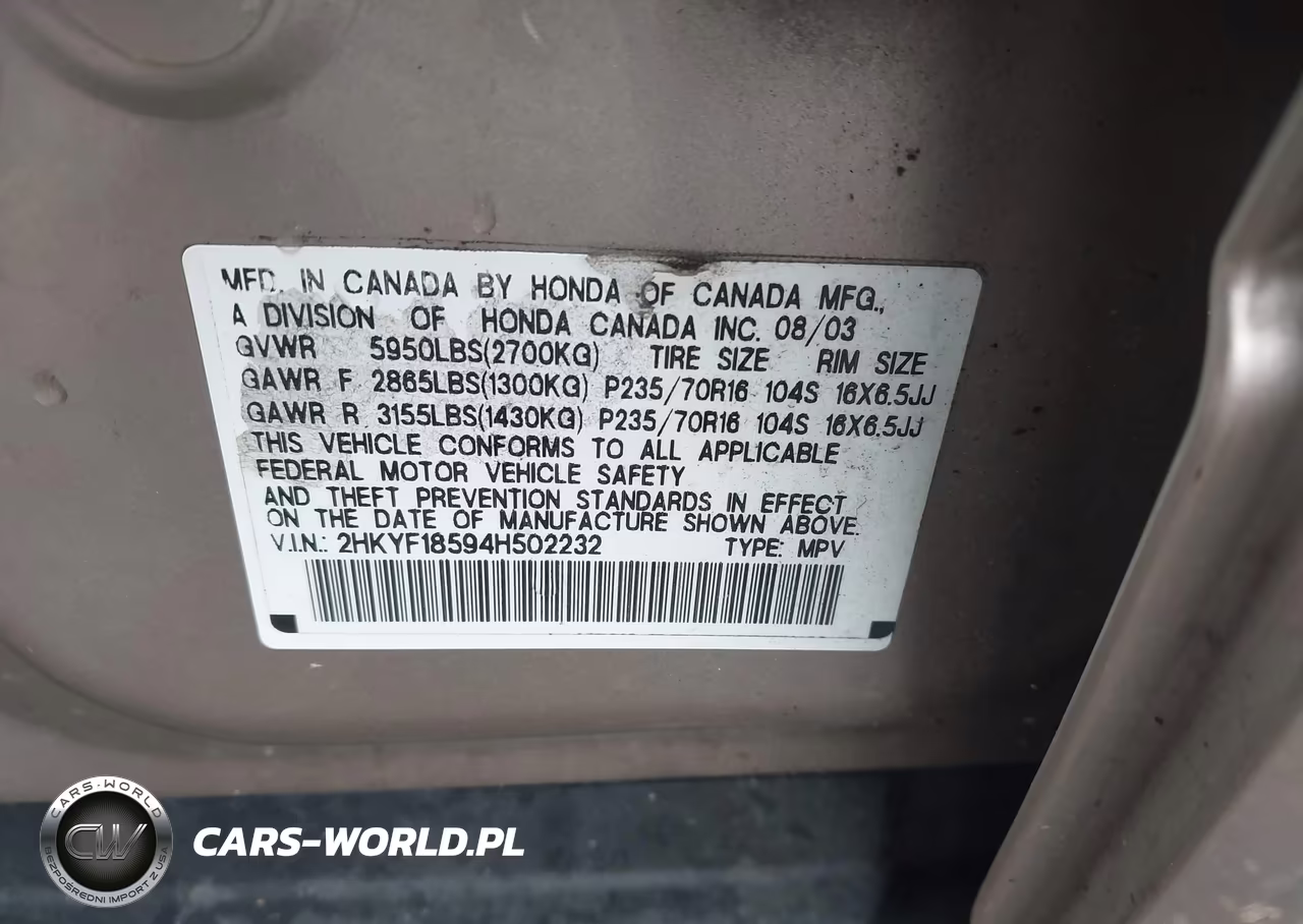 2004 Honda Pilot Ex-L VIN:2HKYF18594H502232 - 9