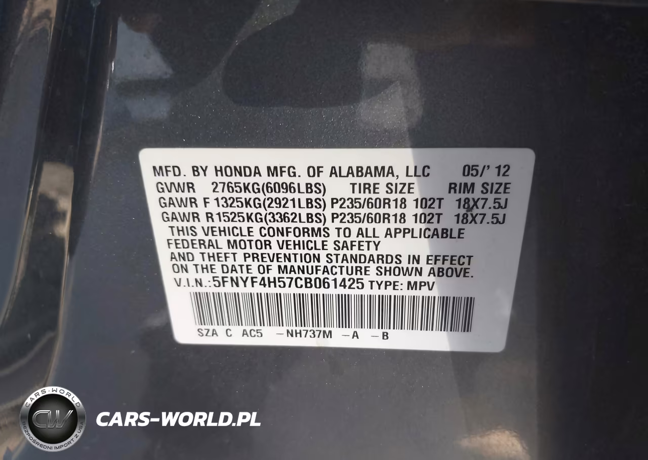 2012 Honda Pilot Ex-L VIN:5FNYF4H57CB061425 - 9