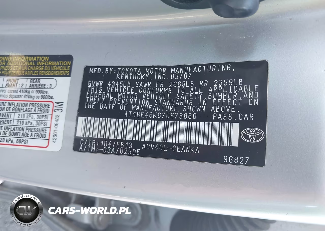 2007 Toyota Camry Le VIN:4T1BE46K67U678860 - 9