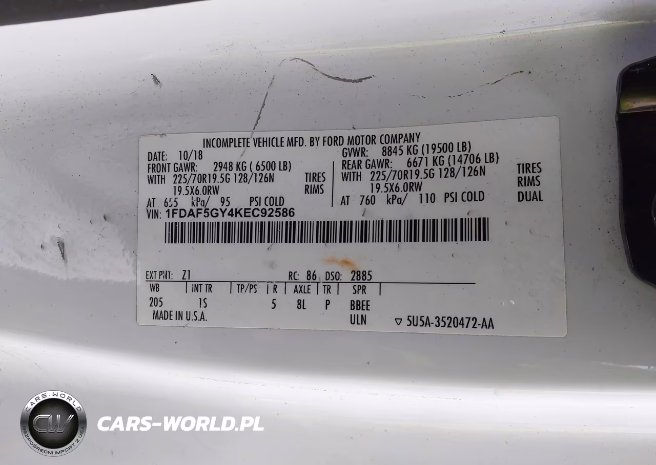 2019 Ford F-550 Chassis Xl VIN:1FDAF5GY4KEC92586 - 8