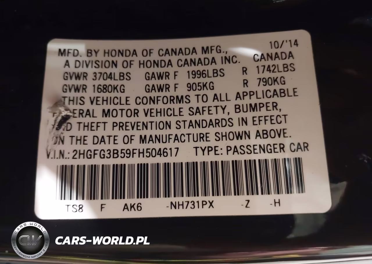 2015 Honda Civic Lx VIN:2HGFG3B59FH504617 - 9