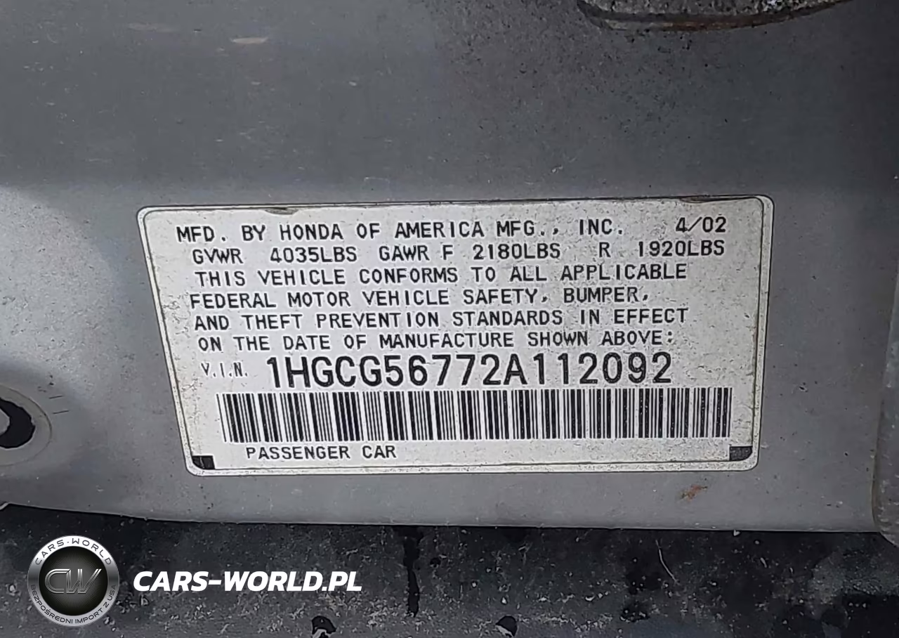 2002 Honda Accord 2.3 Se VIN:1HGCG56772A112092 - 9