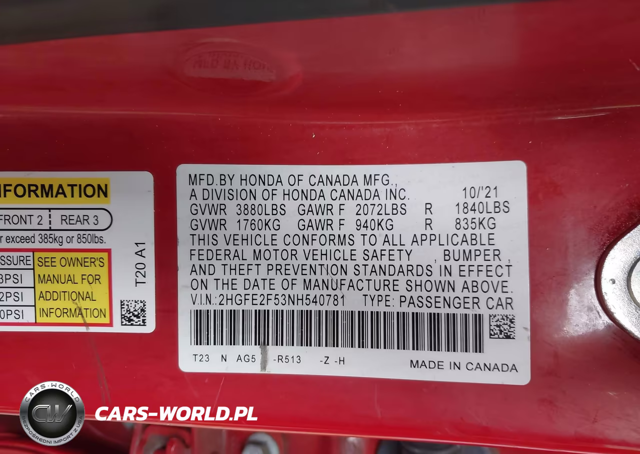 2022 Honda Civic Sport VIN:2HGFE2F53NH540781 - 9