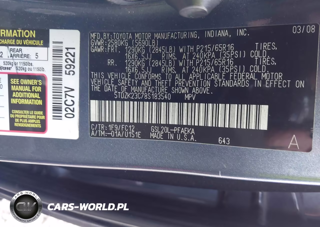 2008 Toyota Sienna Le VIN:5TDZK23C78S183540 - 9