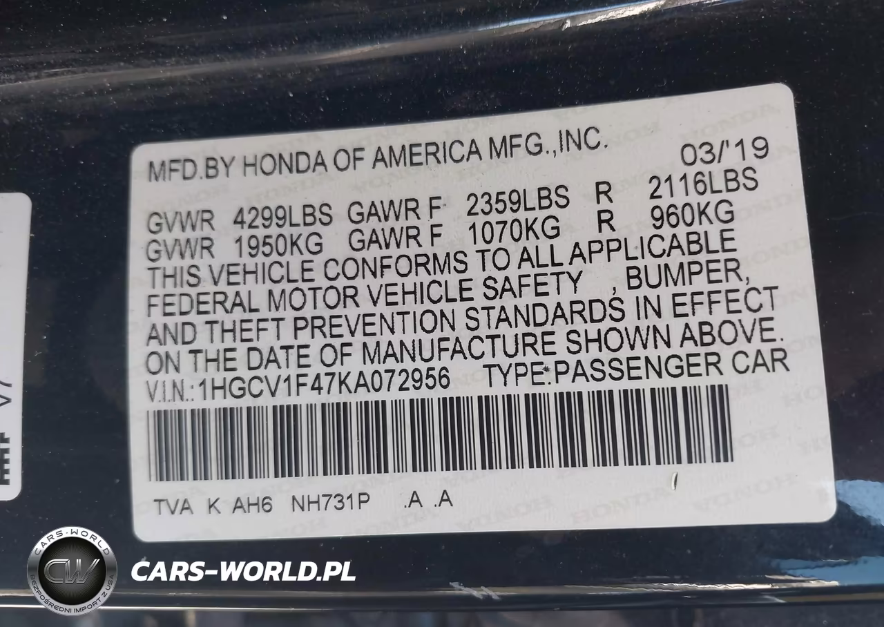 2019 Honda Accord Ex VIN:1HGCV1F47KA072956 - 9