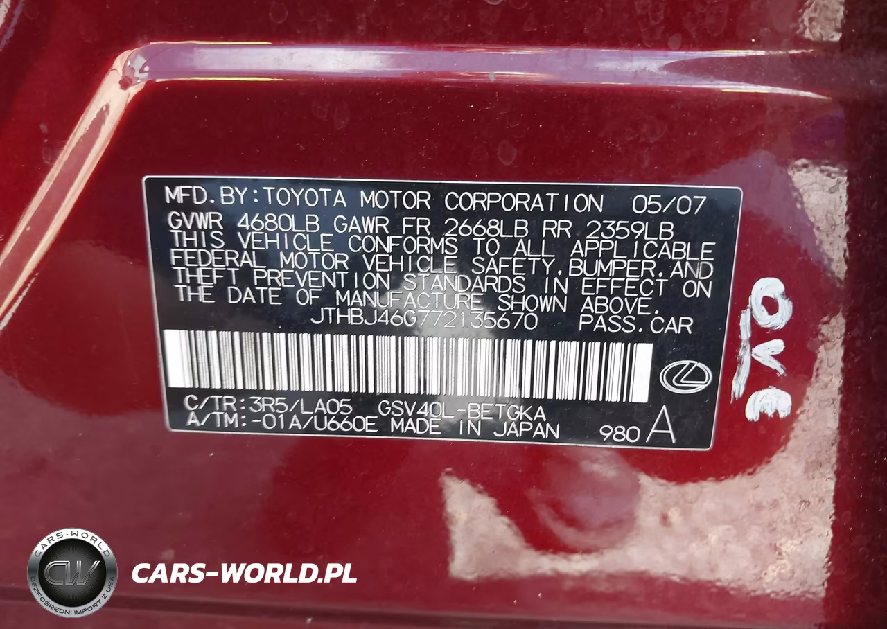 2007 Lexus Es 350 VIN:JTHBJ46G772135670 - 9